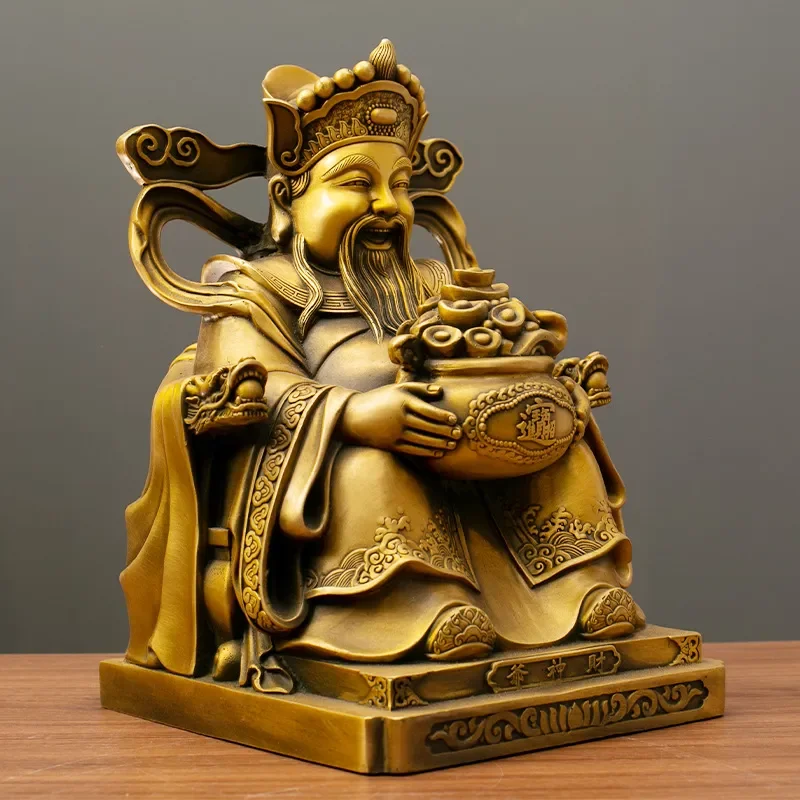 Brass God of Wealth Statue with Red Ribbon Traditional Chinese Feng Shui Home Decor Living Room Tabletop Craft Ornament for