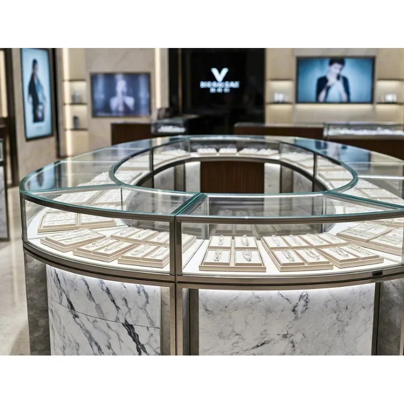 custom.Custom Round Jewelry Display Counter with LED Lighting, Luxury Curved Jewellery Showcase Retail