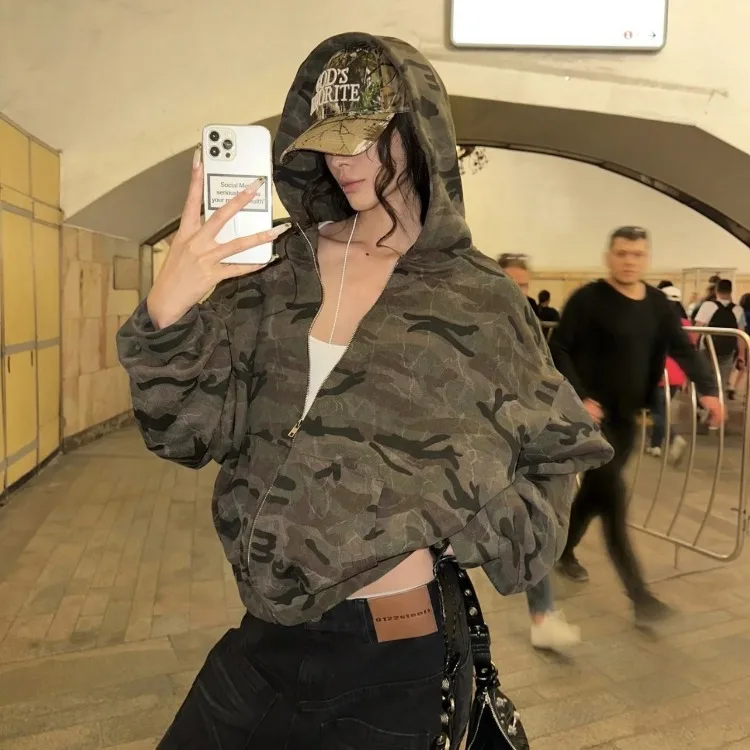 American Retro Camouflage Hoodie Sweatshirts 2024 Autumn New Cardigan Coat Women Y2k E-Girl Long Sleeve Zipper Tops Mujer