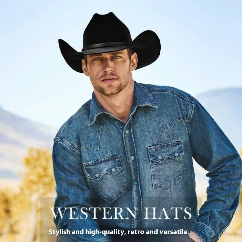 

Ковбойская шляпа с большим головой из 100% чистой шерсти с большими полями для женщин и мужчин, уличная шляпа Fedora Jazz Hat, шляпа для верховой езды, модная джинсовая шляпа West Line, подарок Fedora