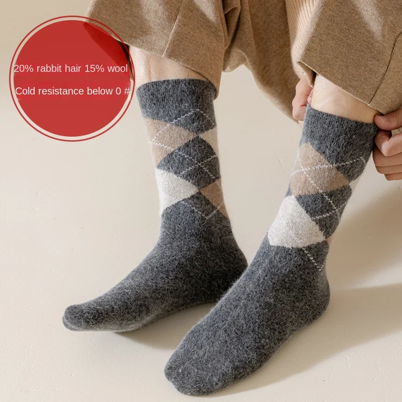 Sock Leisure Athletic Sports Crew Dress Rabbit Fur Cashmere Fleece Retro Checkered Thickened Warm Winter Extended Men B8W139