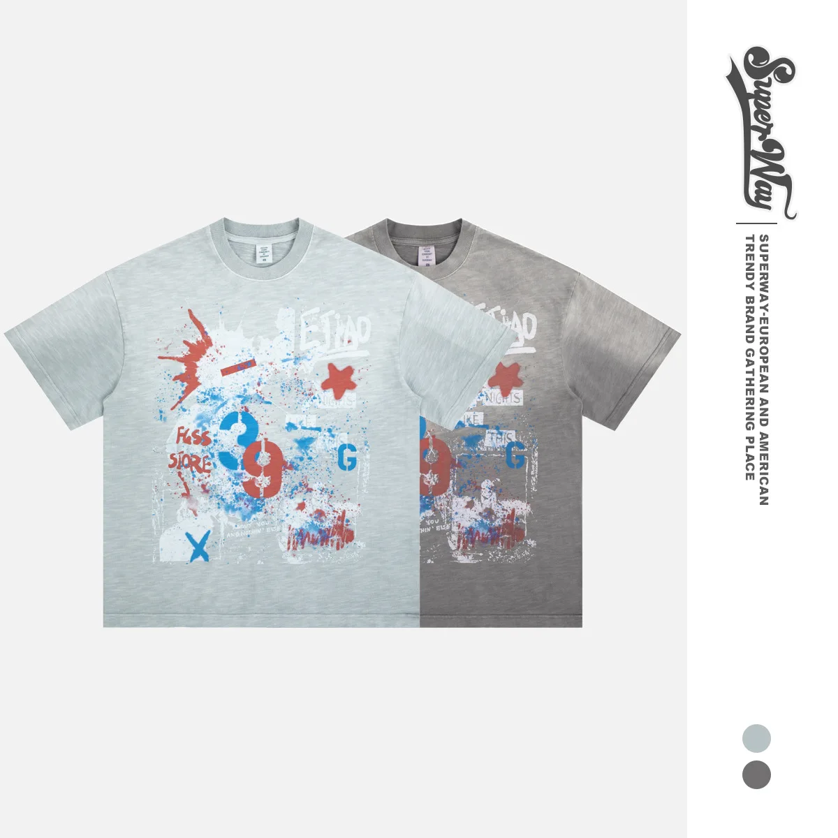 SUPER WAY 2026 New Trend Brand American Printed Gradient Washed Short-Sleeve Round-Neck T-Shirt for Men and Women F547