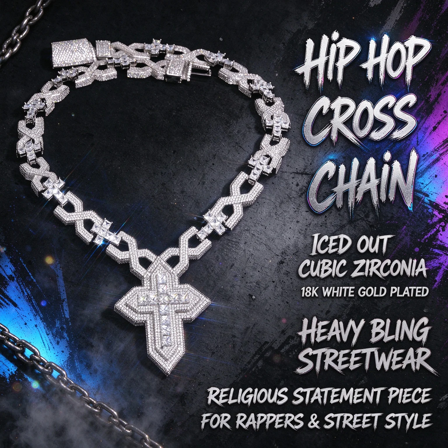 Iced Out Cross Pendant Necklace Infinity Link Chain With 3D Large Cross Charm Hip Hop Bling Jewelry For Men Religious Chain Gift