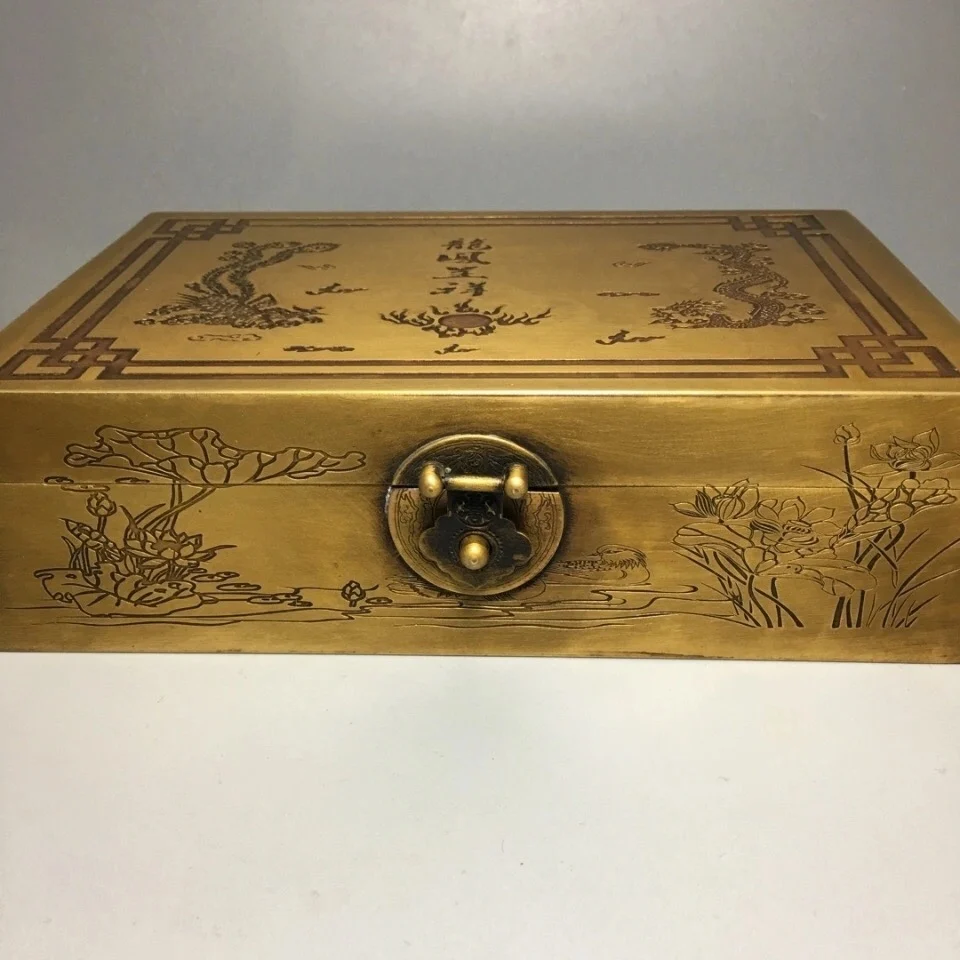 

Bronze ware, brass jewelry box with small lock, dragon and phoenix presenting auspiciousness