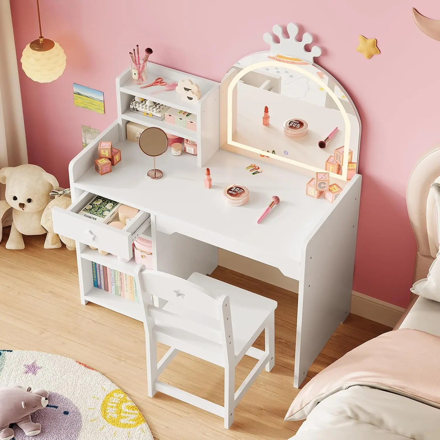 Kids Vanity Set with Lighted Mirror, 2-in-1 Princess Toddler Vanity Table & Chair Set with Open Bookshelf, Storage Cabinet & Shelves, for Little Girls view 6