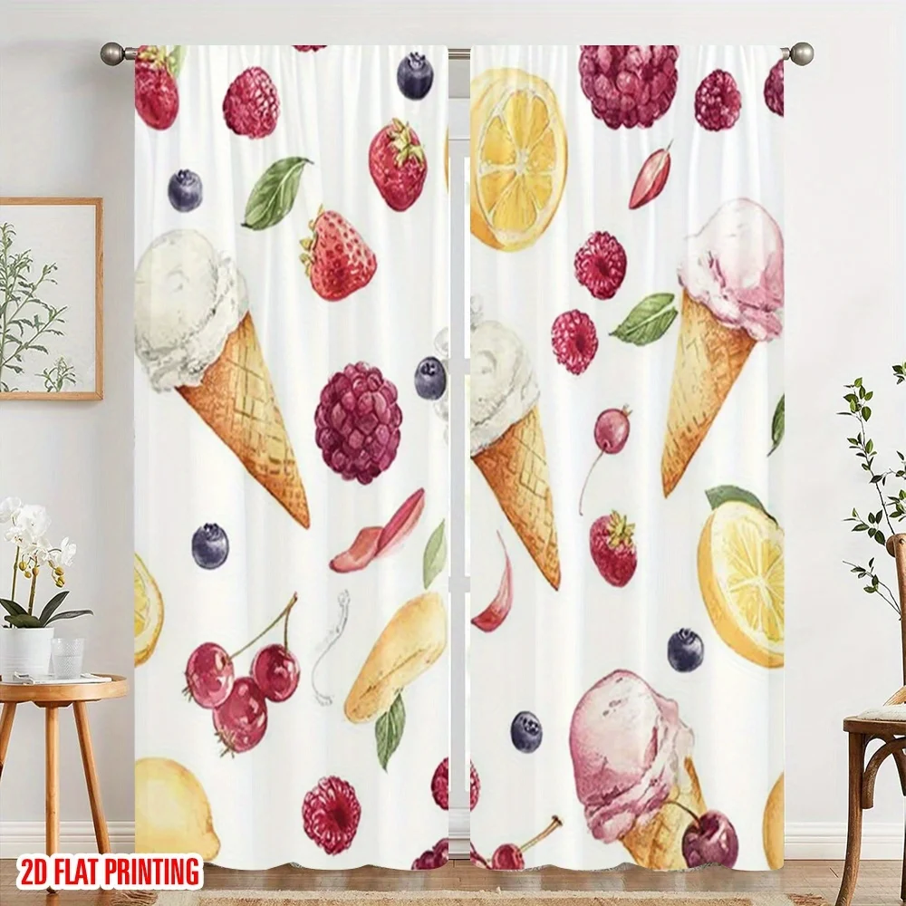 Ice Cream Fruit Curtains Sweet Summer Pattern Window Drapes Cute Food Decor Blackout Fabric for Kids Bedroom Kitchen Dining Room