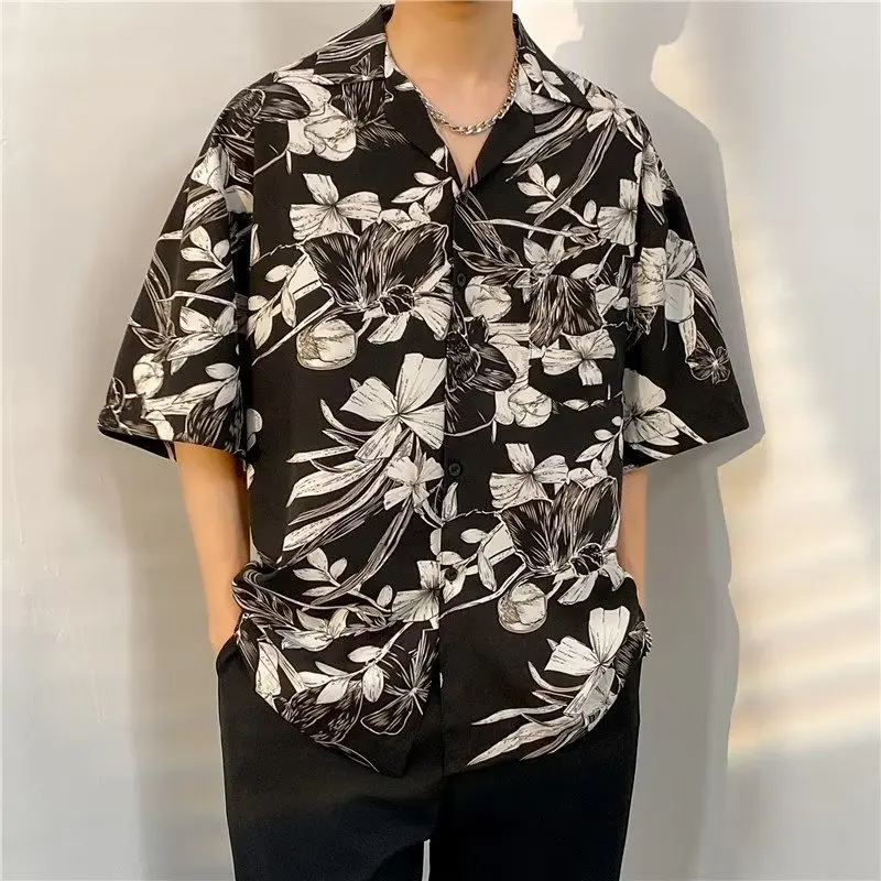 

Y2k Fashion American Casual Short-Sleeved Shirt Men's Summer Thin Gothic Trend Loose Half-Sleeved Day Men's Floral Beach Shirt