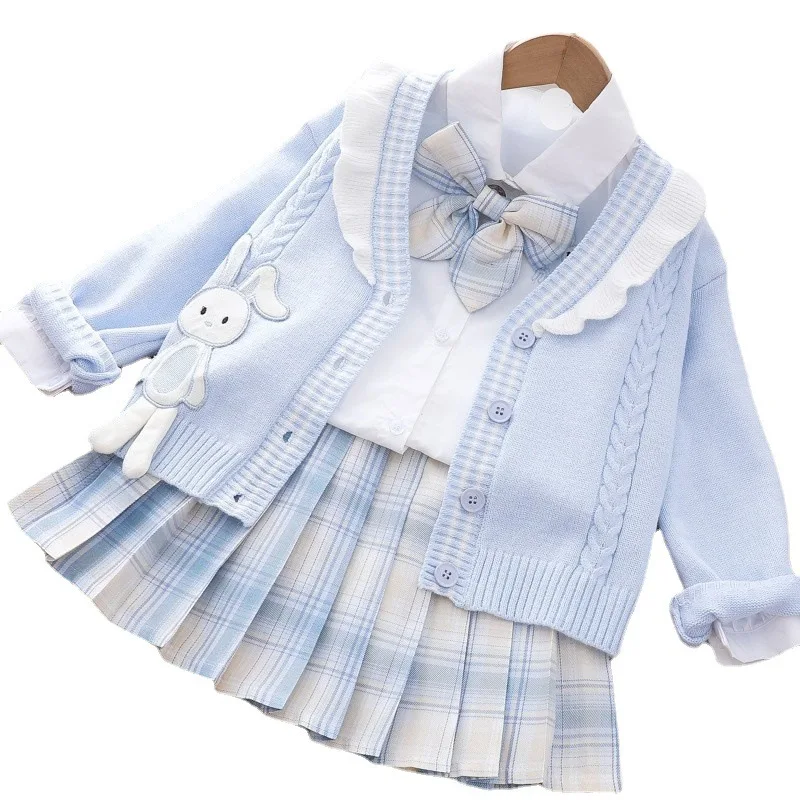 

Детский комплект из 3 предметов, униформа Jk для девочек, клетчатая юбка с рисунком кролика, кардиган, свитер, детская одежда, весенне-осенняя кавайная плиссированная юбка