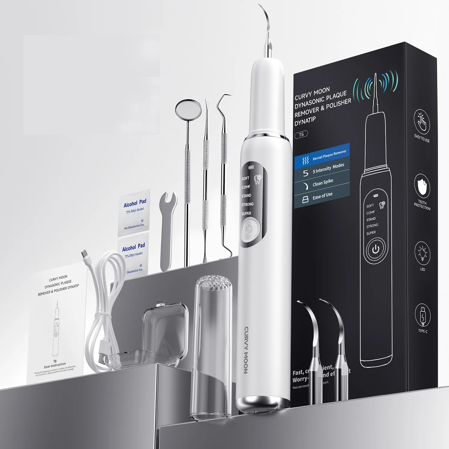 

CURVY MOON T6 Электрический звуковой скалер для зубного камня, средство для удаления зубного камня, средство для удаления пятен налета, отбеливание зубов