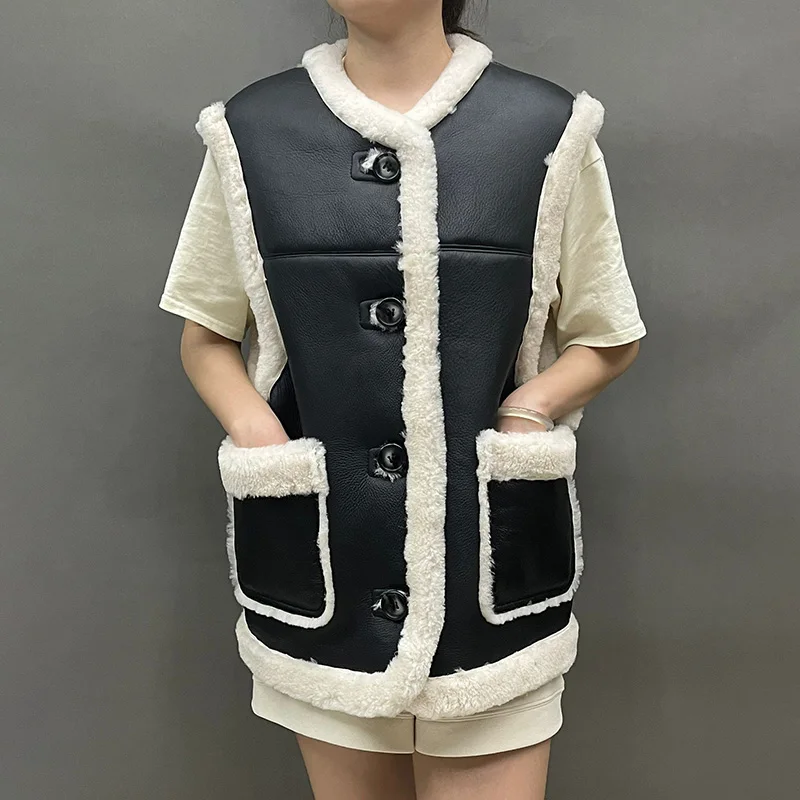 

2023 Genuine Sheepskin Shearling Vest Women Real Leather Gilet Thick Warm Winter Stand Collar Crop Waistcoat NOB5892