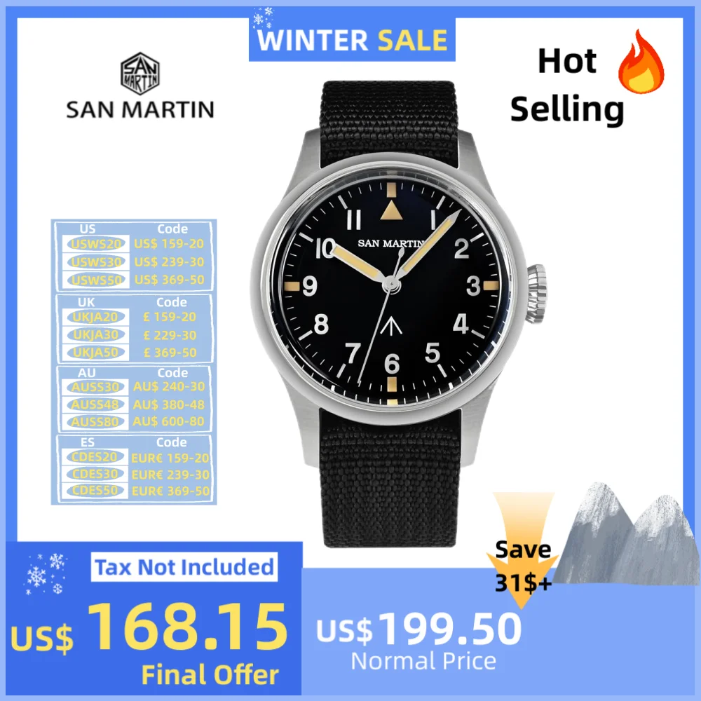 San Martin 38.5mm Sapphire Wristwatch Simple Pilot Military Field Automatic Mens Watch NH35 Luminous Reloj 10Bar SN0105NB-1