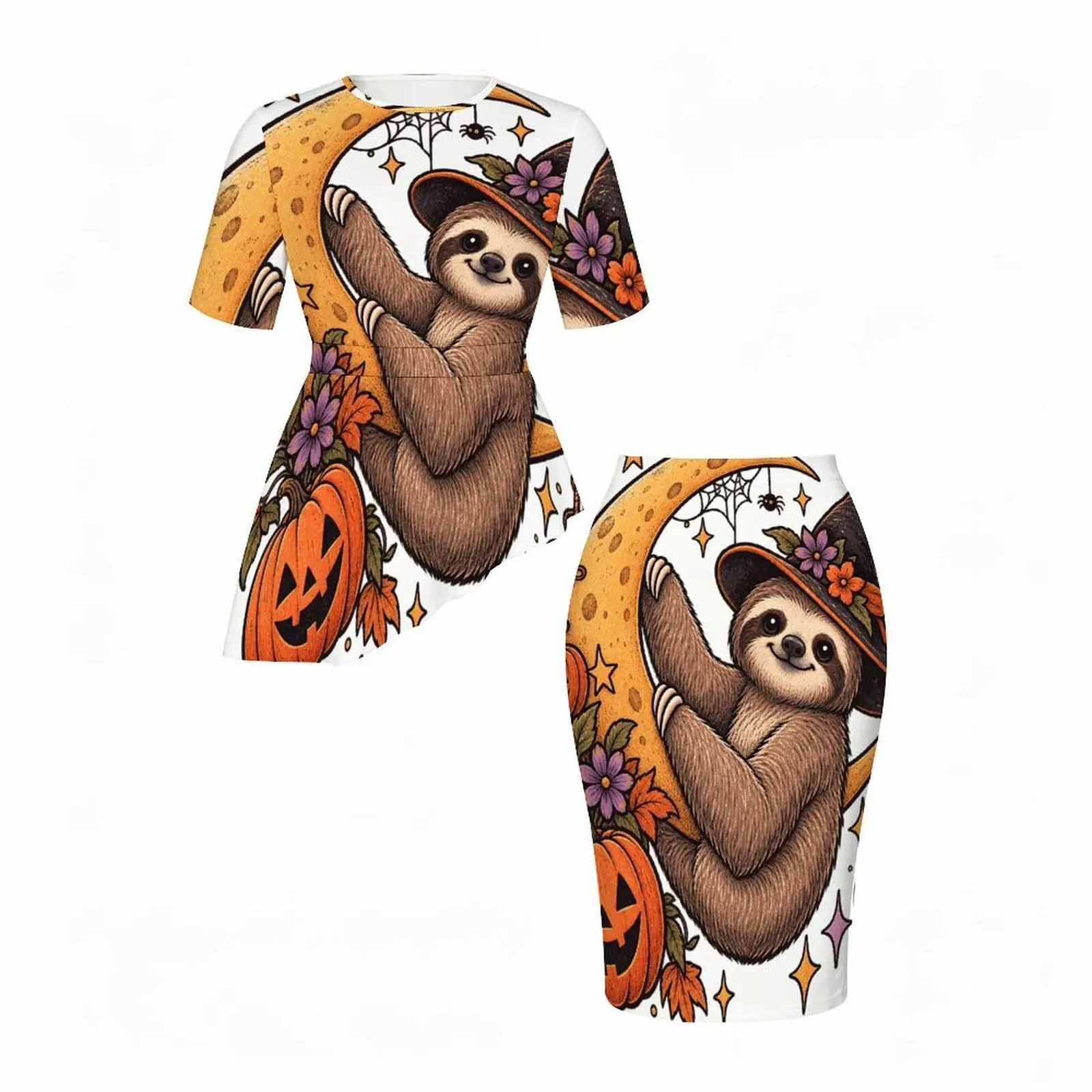 Women 2 Piece Skirt Set, Short Sleeve Round Neck Asymmetric Top and Fitted Skirt, Printed Cute Sloth Witch Moon Pumpkin Pattern