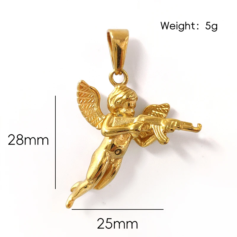 3D Angel Gun Pendant Necklace, 18K Gold Plated