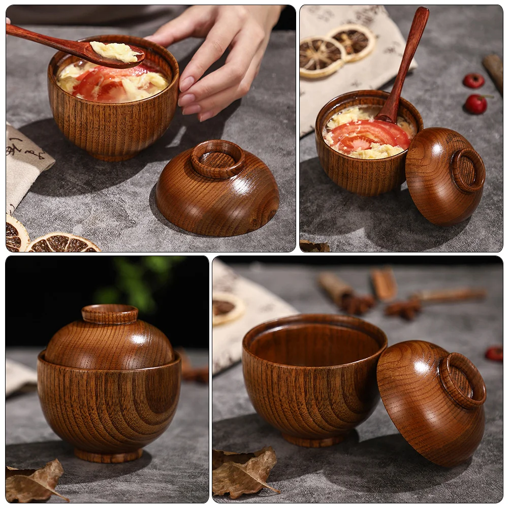 

Household Wooden Bowl with Lid Salad Serving Japanese Style Miso Soup Bowls Lids