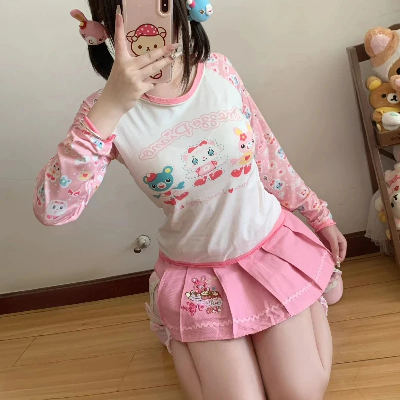 2025 hot sale Japanese Kawaii Lolita Style Skirt Set Women Sweet Cute Cartoon Print Tshirts Top Pink Embroidery Cake Mini Skirts