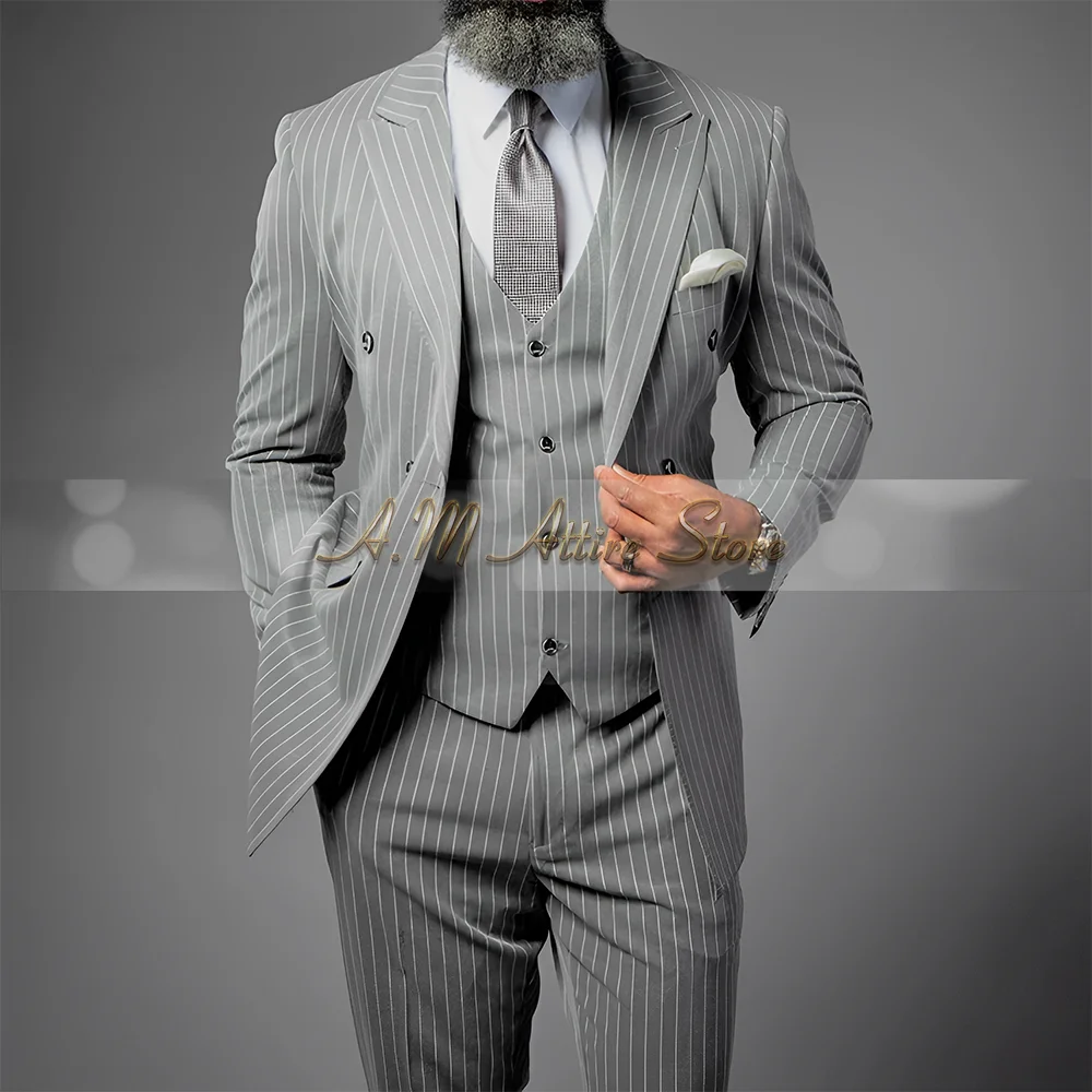 

Haute Couture Men's Striped 3pcs Set Peak Lapel Double breasted Jacket Vest Pants Set Wedding Groom Graduation Ball Party Gift