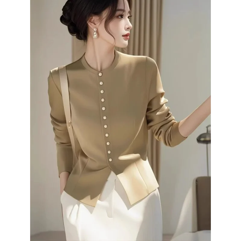 Chic Khaki Blouse French Elegant High End Waist Cinching Long Sleeve Shirt