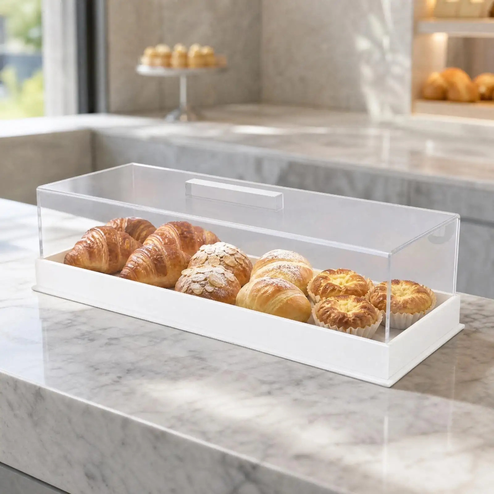 Acrylic Cake Display Case with Raised Base and Lid for Pastry Box Portable Transparent Dessert Container for Bakery Counter