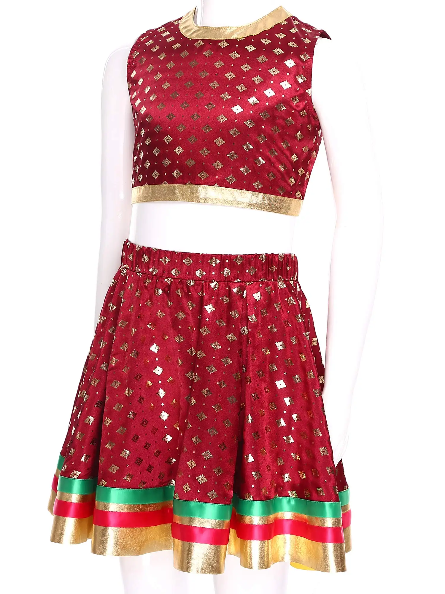 Ragazze India Lehenga Choli Vestito da ballo Satiny Broccato Cerniera Canotta corta e gonna con orlo a righe Costume da principessa indiana