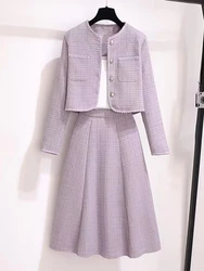 Autumn Winter Two Pieces Women Sets Long Sleeve O-neck Vintage Coat + High Waist Causal A-line Skirt 2023 New Tweed Outfits