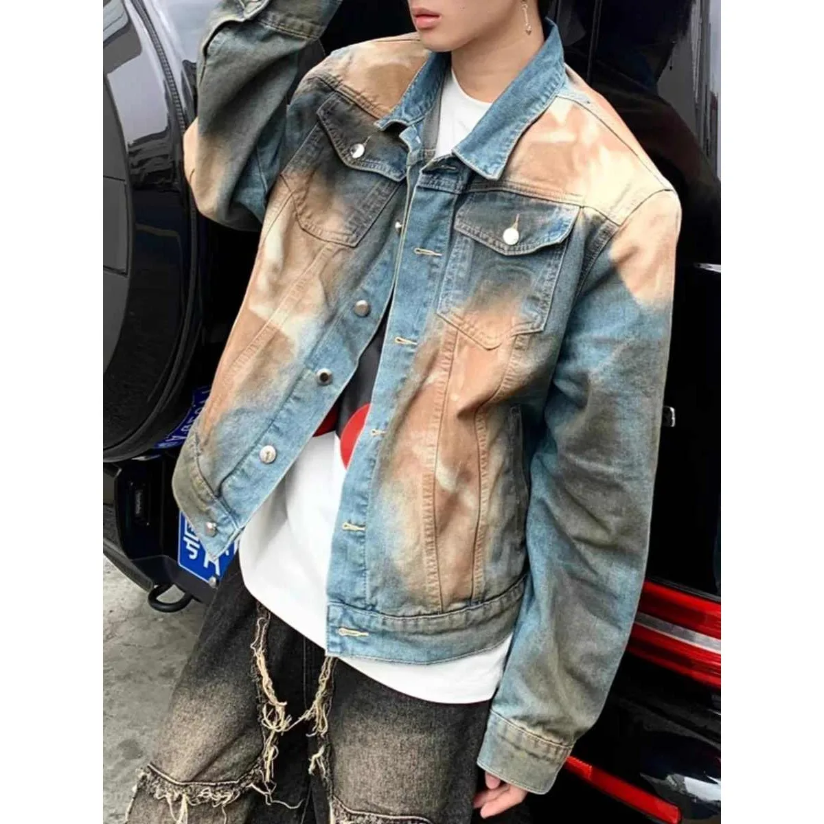 

Loose Fit Men's Denim Jaet ort Sle Tie Dye Workwear Jaet Autumn Winter Large Size American Aalyptic Sle Worn in ...