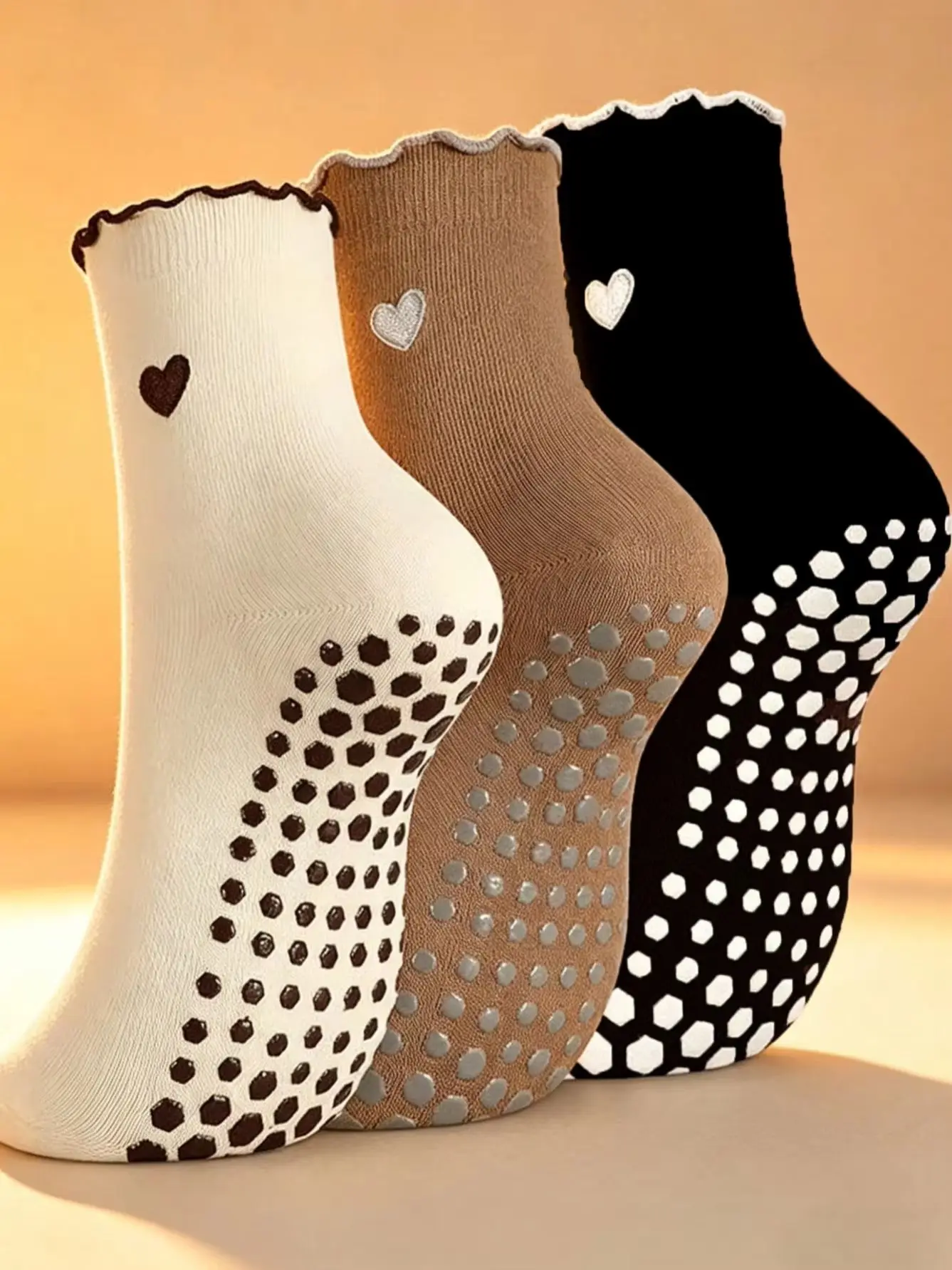 3 pairs of professional non-slip Pilates yoga socks for women with sweet heart embroidery, solid color mid-calf socks for sports and fitness