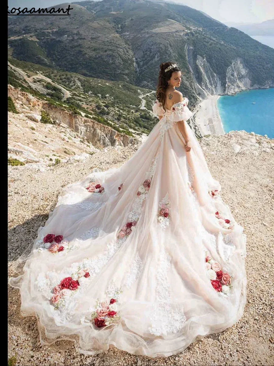 Pink Off The Shoulder 3D Flowers A-Line Wedding Dresses Princess Appliques Lace Bridal Gowns Robe De Mariee