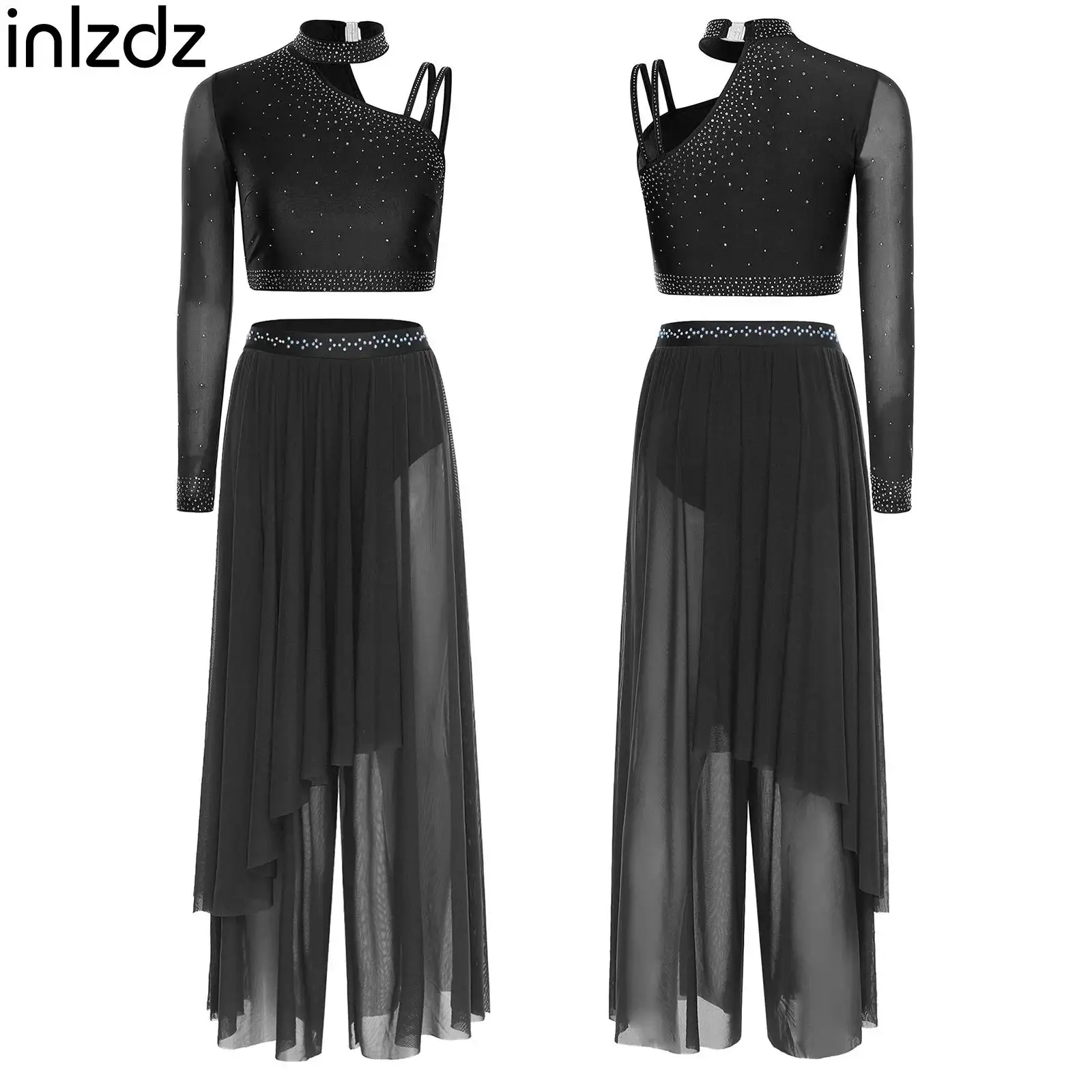 

Womens Lyrical Modern Dance Outfit Asymmetrical Shoulder Rhinestone Crop Top+Pants Set Gymnastics Skating Stage Party Dancewear
