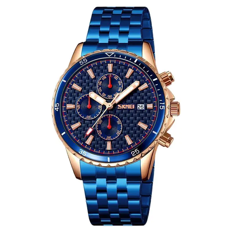 ساعة SkmeiMen من الفولاذ المقاوم للصدأ مع ساعة رجالية مضيئة مقاومة للماء متعددة الوظائف ساعة كوارتز كاجوال
