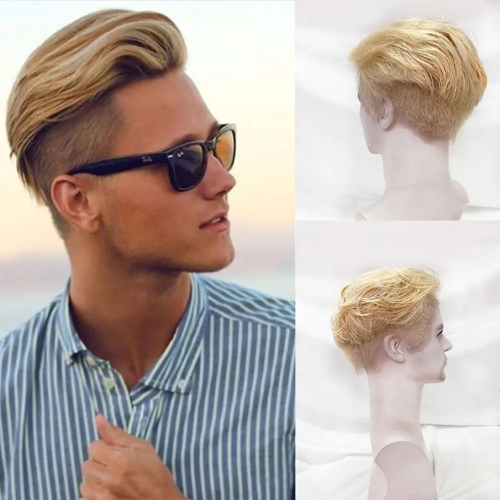 Men Wigs Short Pixie Cut Blond 613 Mens Full Lace Wig Layered Straight Bob Wig for Daily Costume Cosplay Human Hair Wigs