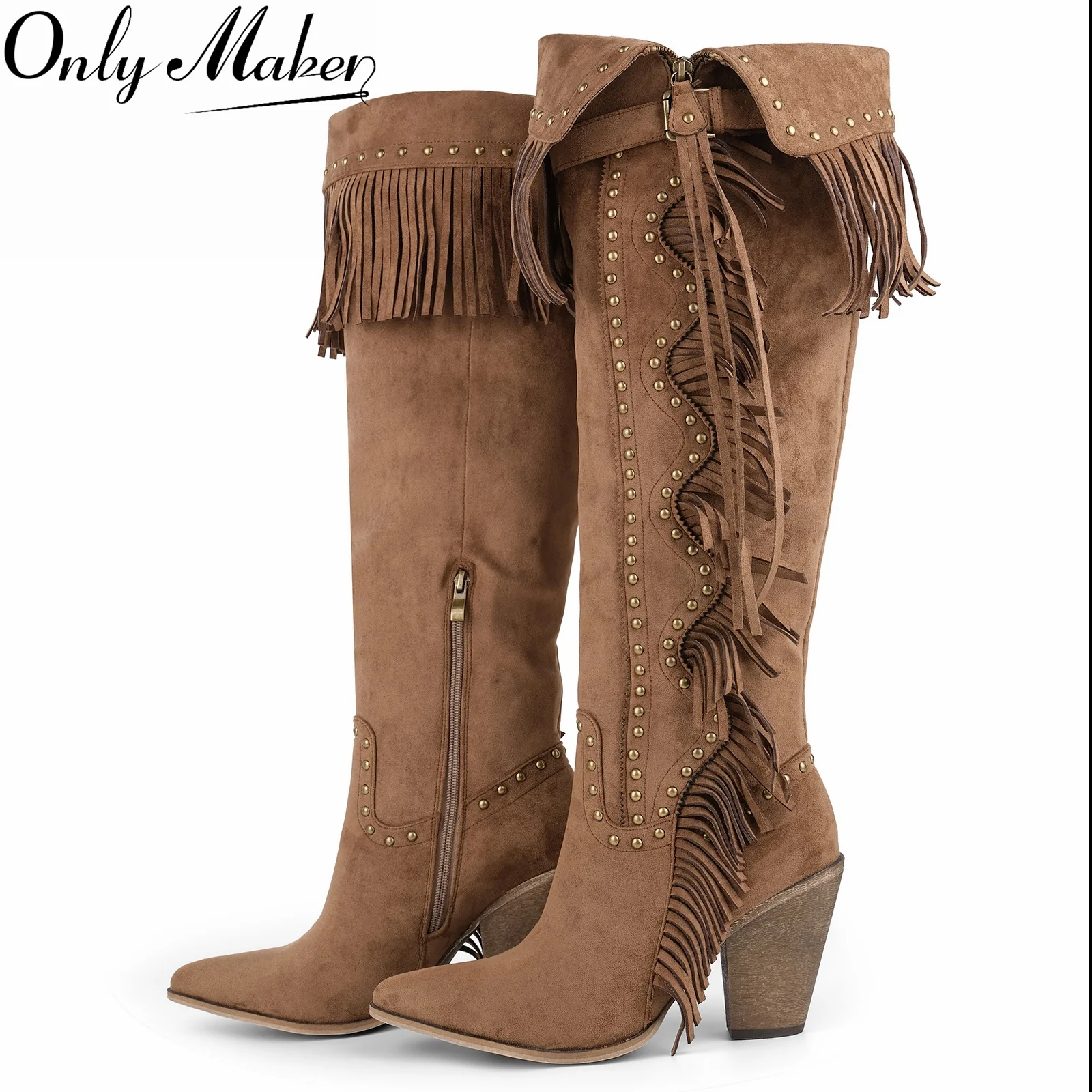 Onlymaker Women Pointed Toe Fringe Rivet Brown Faux Suede Leather Knee High Boots Side Zipper Block Heel Western Cowboy Boots