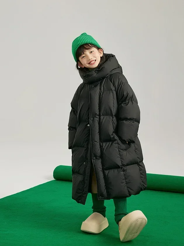 Girls Boys Long Down Padded Jacket Hooded Medium Children Korean Version Foreign Style Solid Color Casual Padded Jacket Baby