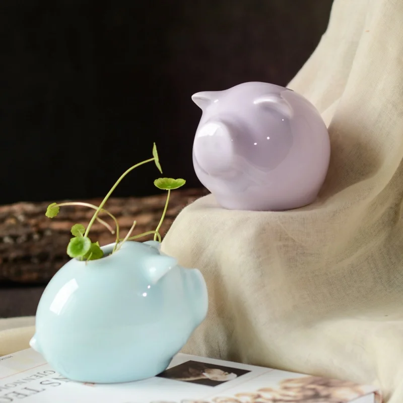 Jingdezhen Tea Ornaments Decoration Boutique Supportable Fortune Creative Cute Personality Ceramic Pig Vase Hydroponic Flower Po