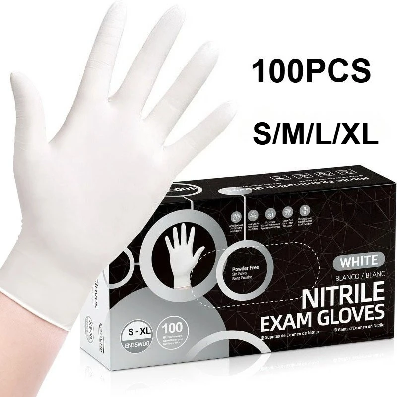 10-100PCS White Disposable Nitrile Gloves, Latex Free, Powder, Kitchen Cleaning Gloves Mechanic Security Protection Working Glov
