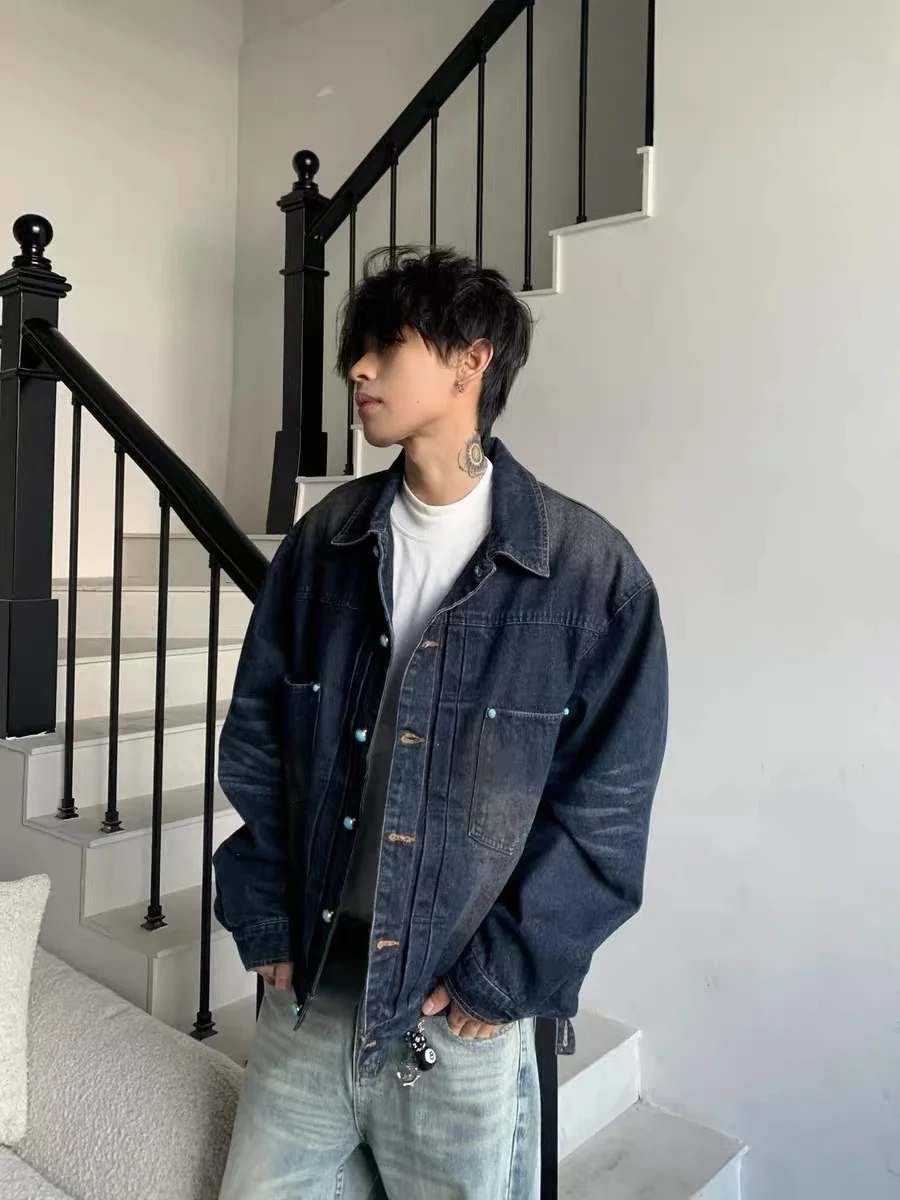 

Retro American Turquoise Button Waed Denim Jaet Loose Casual Sle for Men Youth Trend Autumn Season Long Sve Single B...