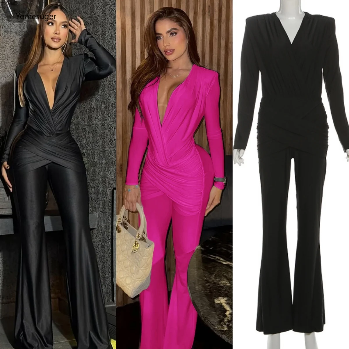

Yomesugar Sexy Deep V Neck Flared Jumpsuit Women's 2026 Spring Ruched Long Sleeve Skinny Rompers Fashion Overalls Party Clubwear