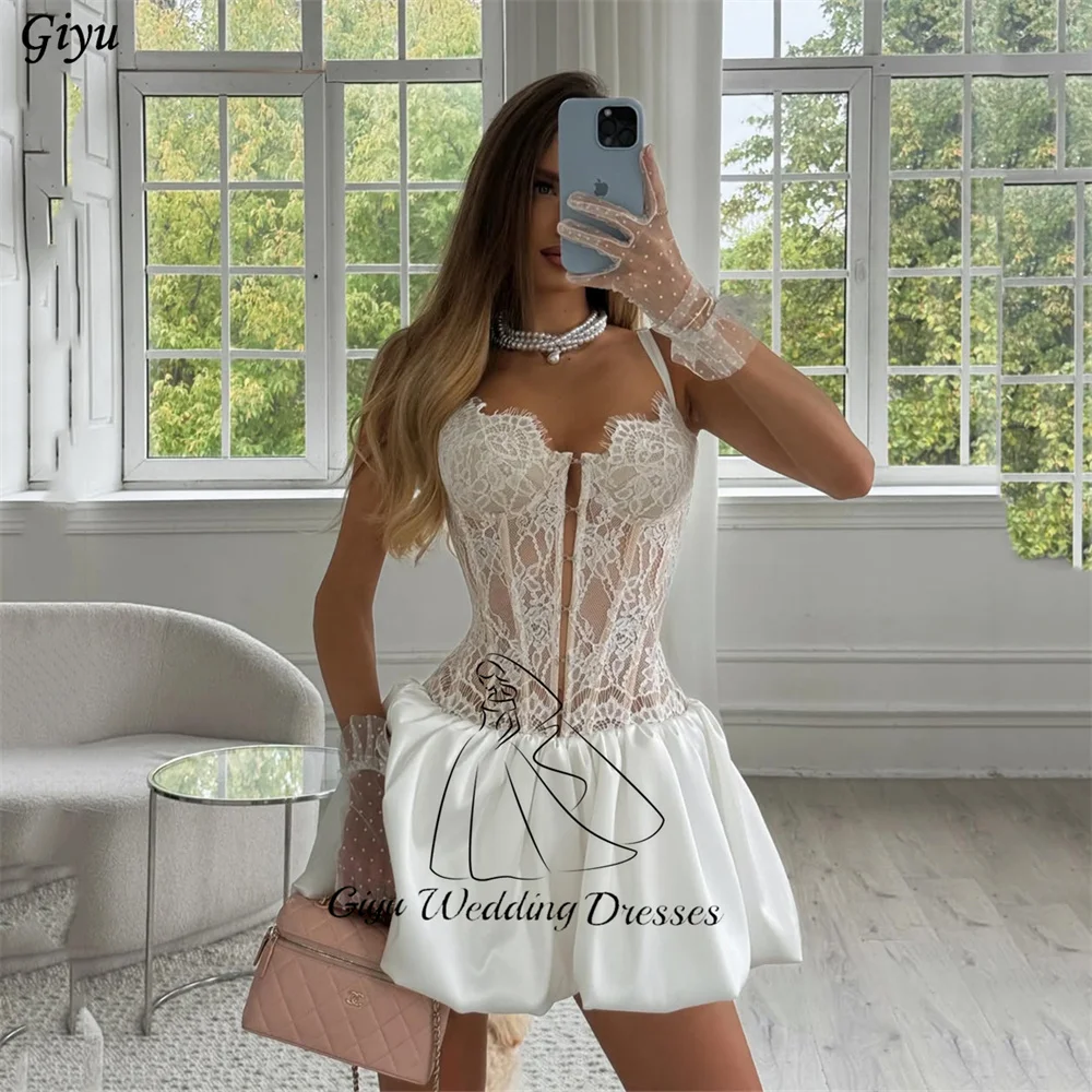 Giyu Spaghetti Strap Lace  Short Wedding Dress Satin Bubble Mini Bridal Gown Reception Bride Dress Customized Cocktail Dress