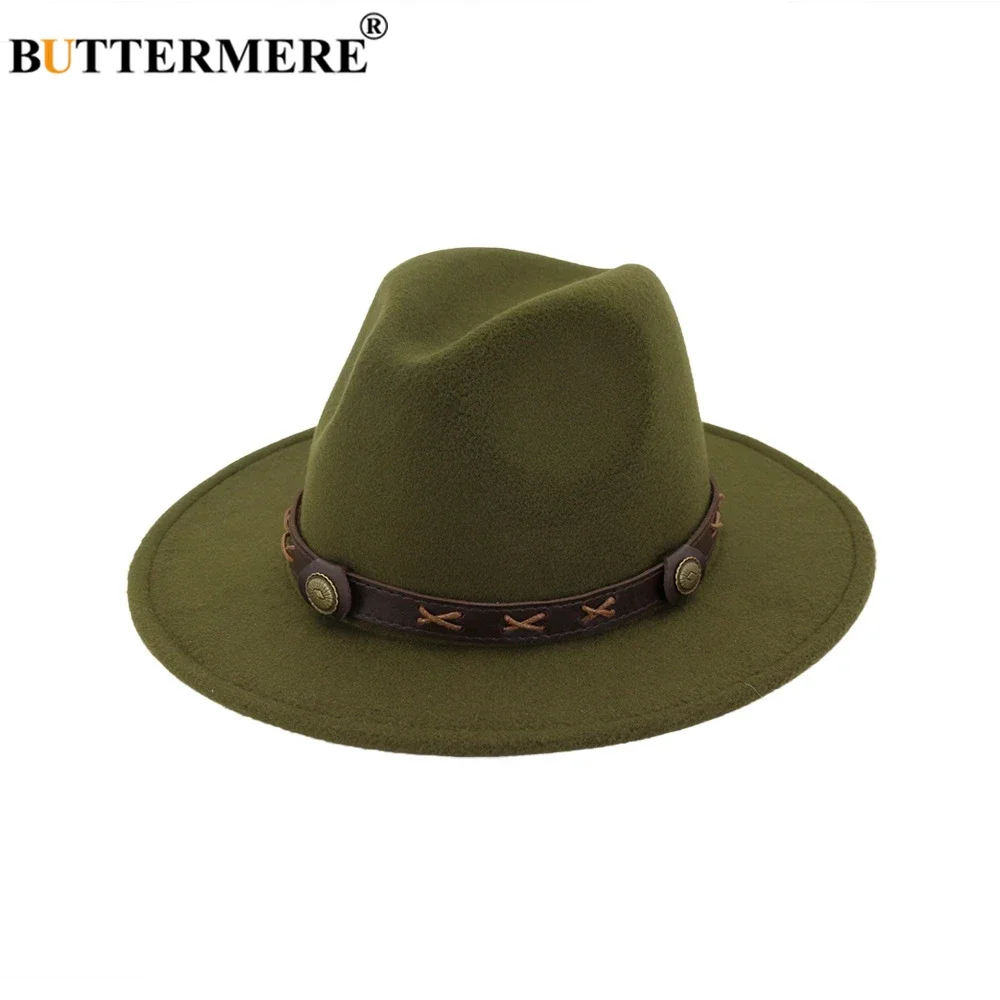 

BUTTERMERE Spring Autumn Hat Trilby Women Fedora Hat Fashion Design Felt Hat with Belt Female Wide Brim Vintage Jazz Hats Green