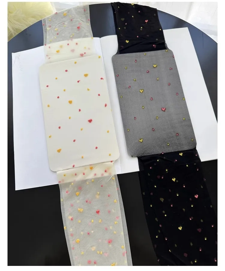 Frauen Ultra Dünne Strumpfhosen Sexy Strumpfhosen JK Strümpfe Bunte Süße Liebe Herz Polka Dots Drucken Transparent Beige Schwarz Leggings – Detail 23