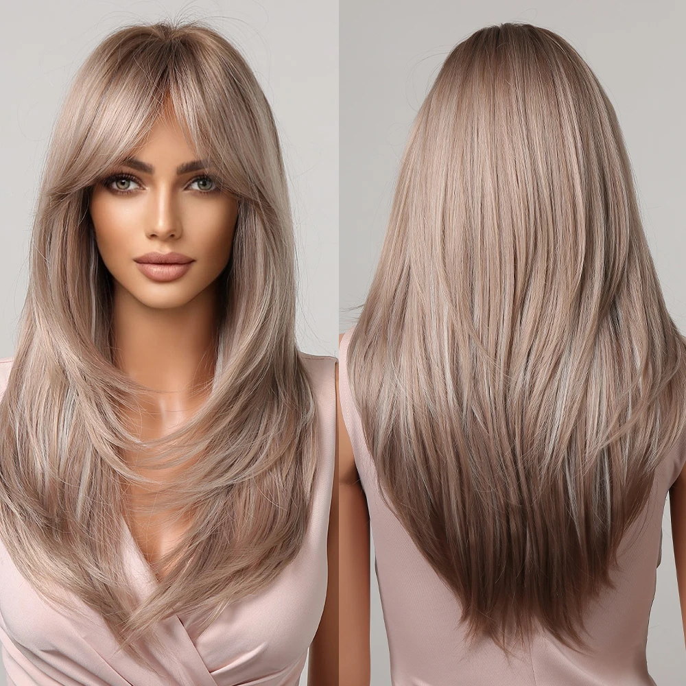 GEMMA Ombre Brown Blonde Long Straight Synthetic Wigs with Bangs Grey Highlight Cosplay Wig for Women Natural Fake Hair