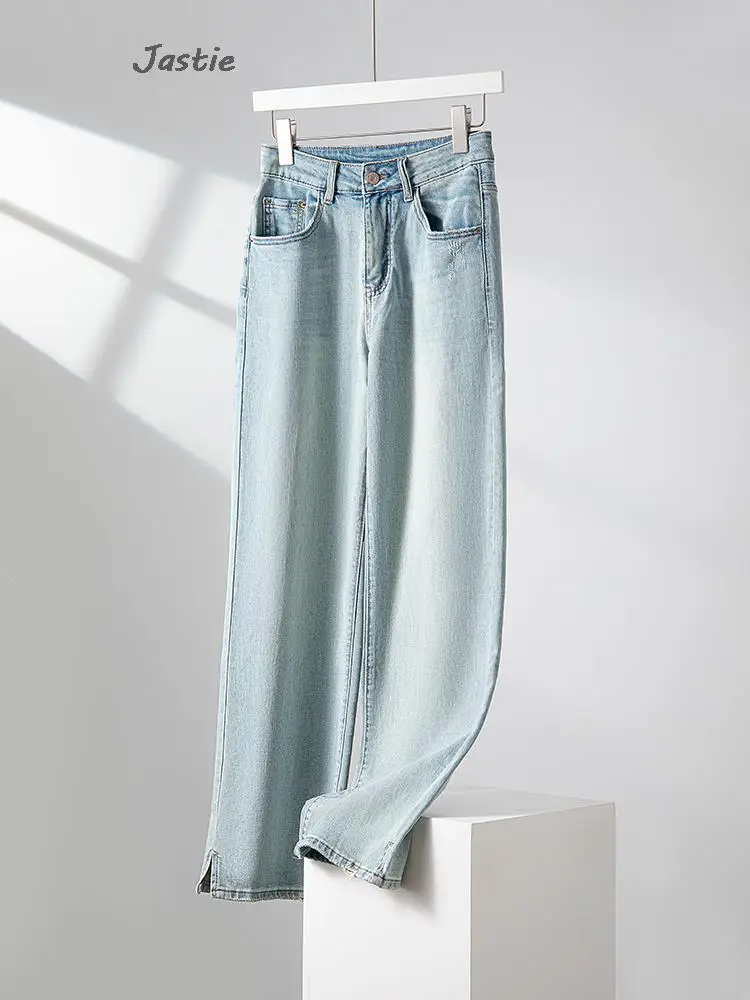 

20234 Autumn Spring New Washed Light Blue Women Jeans Cotton Button Wide Leg Pant Fashion Denim Trouser