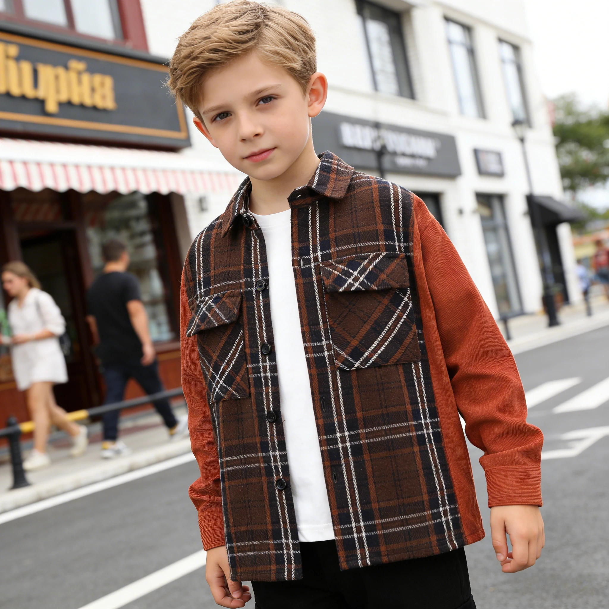 

2026 Spring Teen Boy Long Sleeve Plaid Panel Shirt Coat Fashion Comfortable Vacation Casual Teenage Top 8 9 10 11 12 13 14 Years