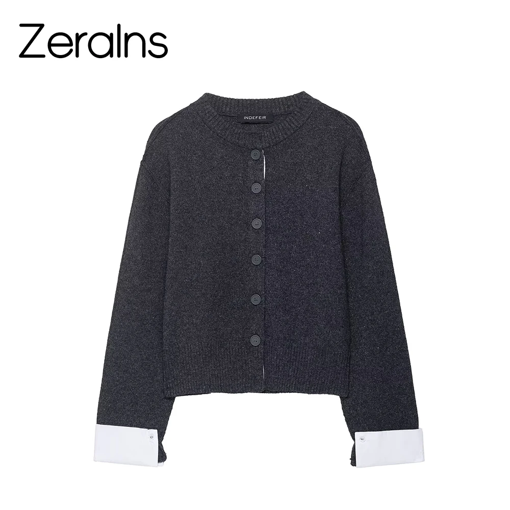 

ZERASINS 2025 Autumn/Winter New Fashionable Spicy Girl Style Loose Round Neck Cuff Splicing Knitted Cardigan Coat for Women
