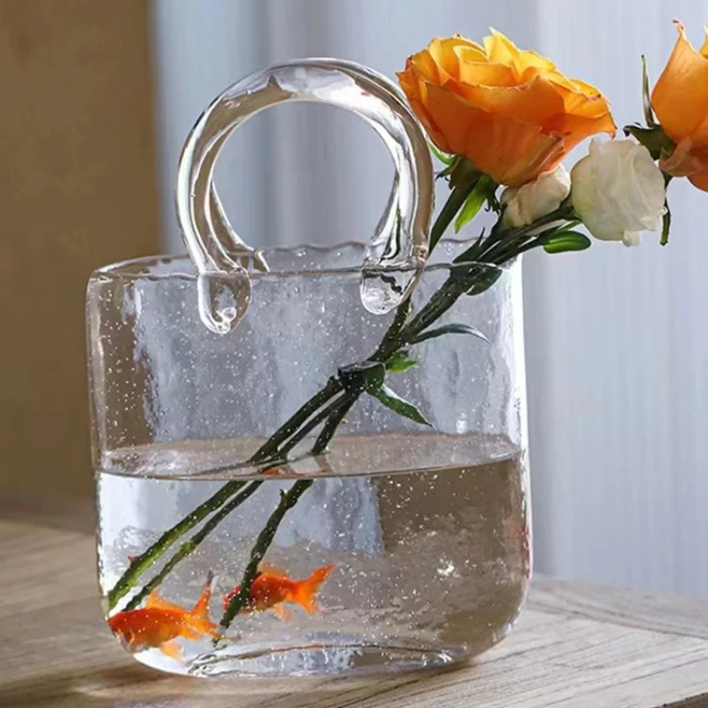 

Transparent Bubble Handbag Glass Vase Creative Handbasket Aquatic Flower Arrangement Soft Decoration Crafts Simple and Luxurious