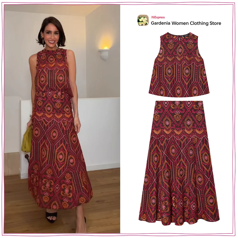 Elegante Conjunto de Falda y Top para Mujer con Bordado Calado, Estilo Étnico de Verano, Top sin Mangas con Cuello Redondo y Falda Midi Acampanada a Juego en Tono.