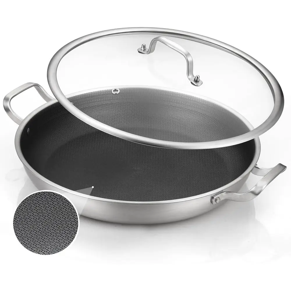 

14 Inch Tri-Ply Stainless Steel Paella Pan with Lid Nonstick Frying Pan, Hybrid Induction Large Skillets, Great for Paella Parti