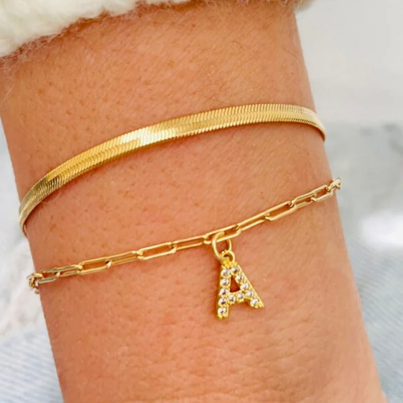 luxury Gold Color Pave Zircon Initial Letter Bracelet for Women 26 Tiny Alphabet Bracelet Chain Link Name Bracelet Jewelry Gift