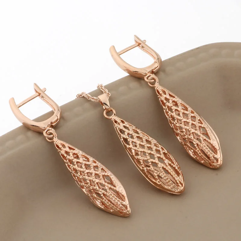 New Trendy 2023 Hollow Big Long Earrings And Pandent 585 Rose Gold Color Dangle Earrings For Women Fashion Jewelry Sets