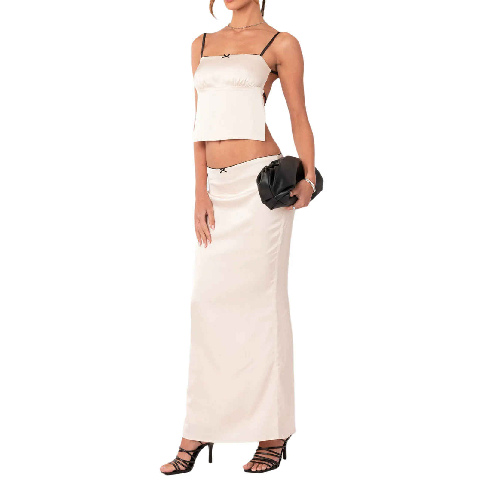 Women Summer Fashion 2Pcs Outfits Solid Color Sexy Bandage Backless Camisole and Elastic Long Slit Skirt Set