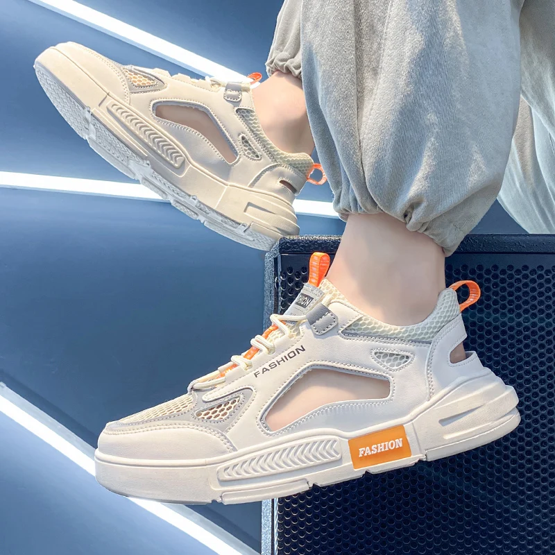 Мужские летние новые сетчатые спортивные сандалии с круглым носком, толстая подошва, нескользящая дышащая повседневная спортивная обувь на шнуровке, пляжная обувь